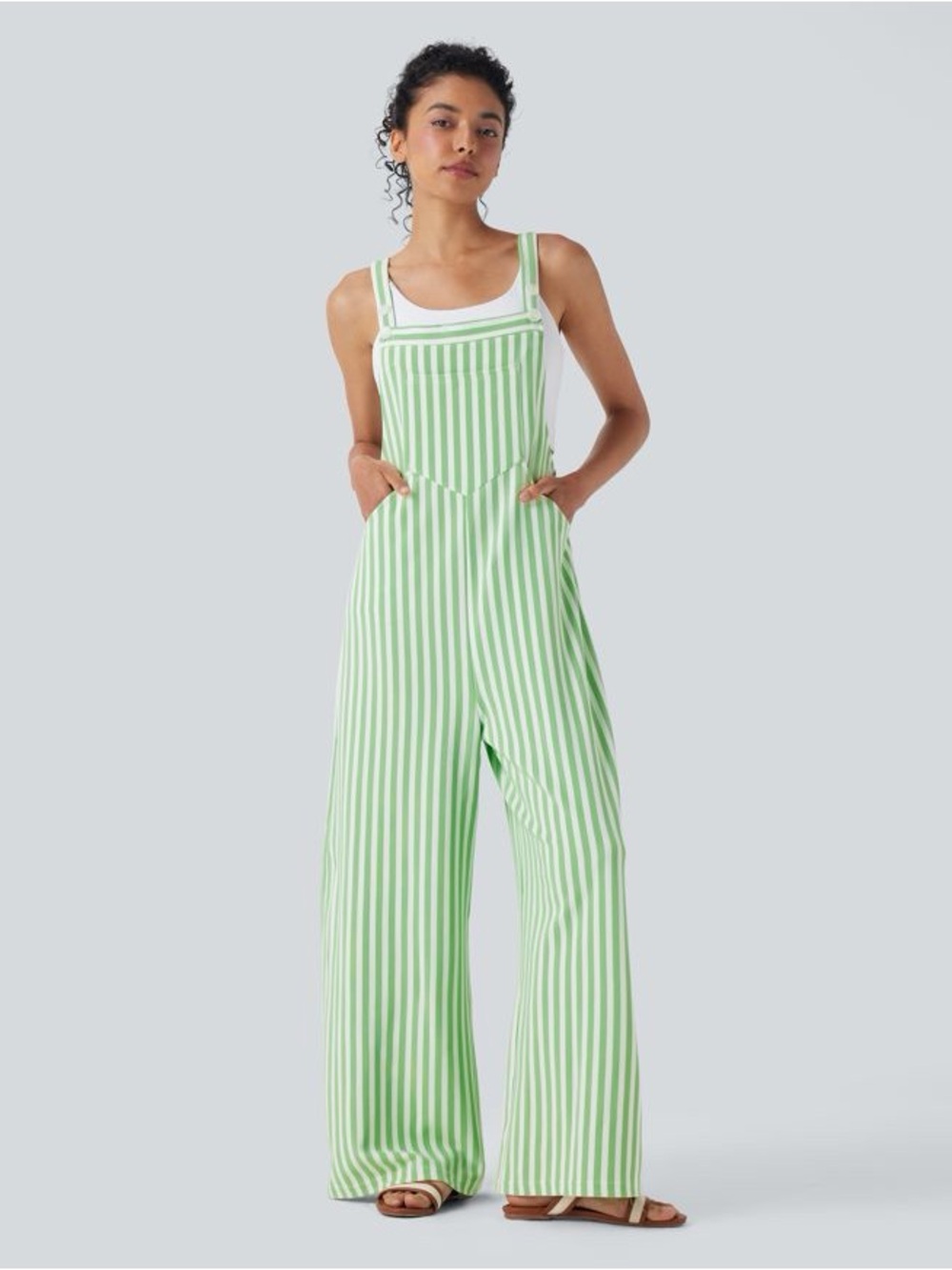 Halara Ladies NWT Pockets Stripe Waffle Overalls. X-Small. Mint green & white.